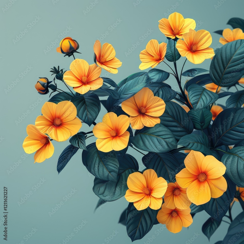 custom made wallpaper toronto digitalA vibrant arrangement of yellow flowers with green leaves against a soft blue background.