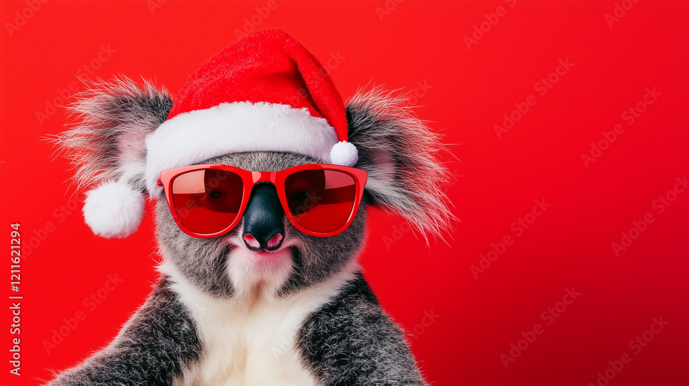 Koala in a Santa hat and glossy red sunglasses, posing elegantly against a vivid red background. Holiday-themed magazine cover Koala in a Santa hat and glossy red sunglasses, posing elegantly against a vivid red background. Holiday-themed magazine cover
