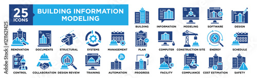 Building Information Modeling icon collection set. Containing design, information, development, construction, technology, and more. Solid vector icons collection.	