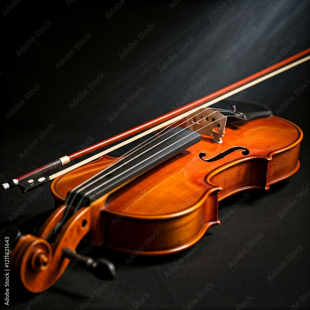 Fototapeta premium close up of a violin with a wooden bow on a black background