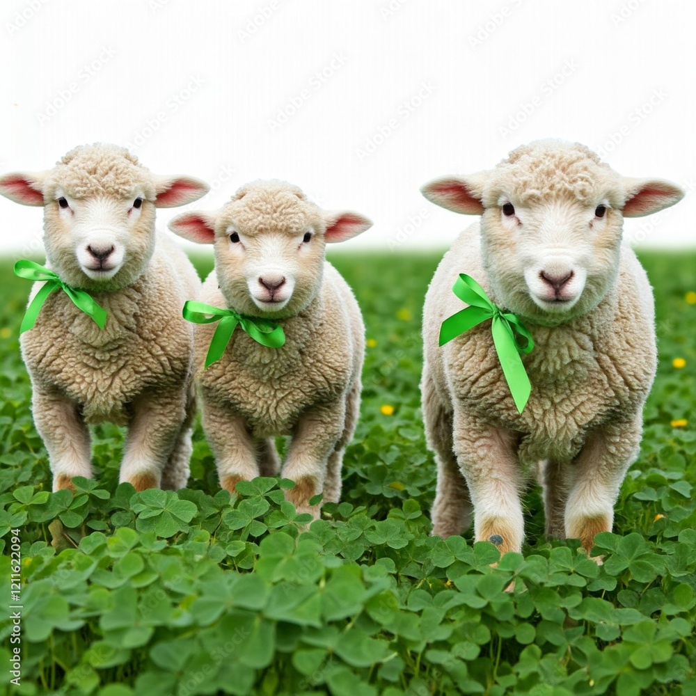 Obraz premium three cute lambs with green ribbons standing in clover field