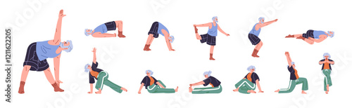 Set of different yoga poses for seniors. Old man and woman practice asanas, do gymnastic exercises. Elderly people training, stretch in workout. Flat isolated vector illustrations on white background