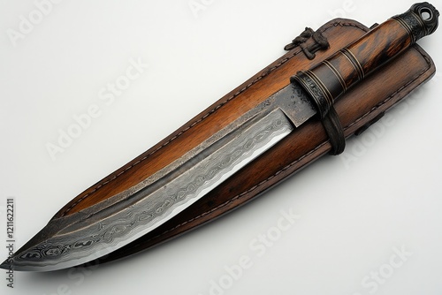 Ornate damascus blade, wooden handle, leather sheath. photo