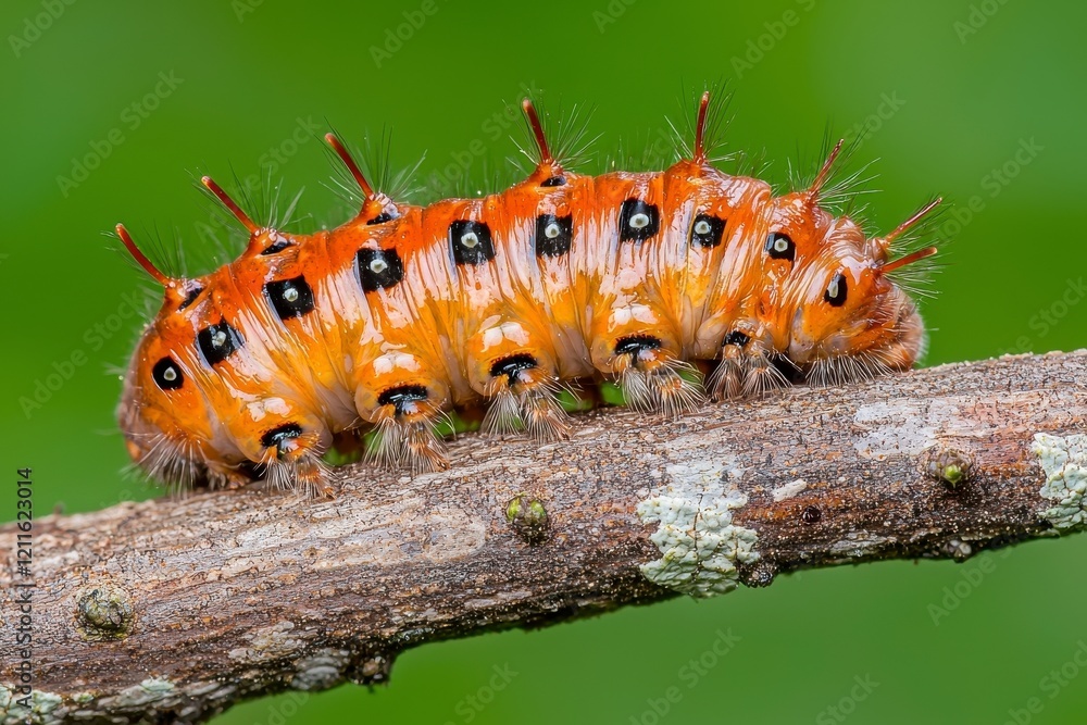 A vibrant orange caterpillar with black markings moves along a twig, set against a blurred green background. A vibrant orange caterpillar with black markings moves along a twig, set against a blurred green background.