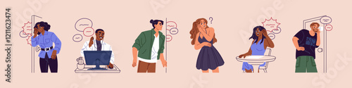 People are eavesdropping gossips set. Curious characters overhear, listen to conversation under door, wall. Interested men and women with hand on ear hear rumors. Flat isolated vector illustrations