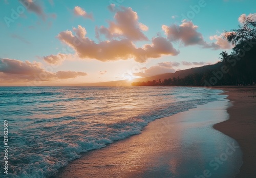Serene sunset over tropical beach with gentle waves lapping shore.
