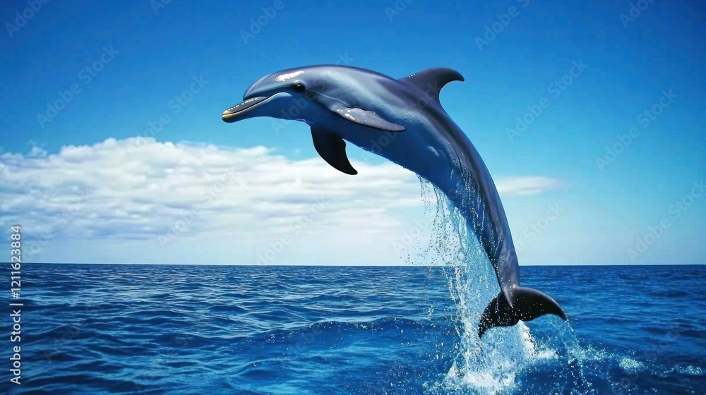 Obraz premium Dolphin leaping ocean blue sky nature wildlife background marine poster
