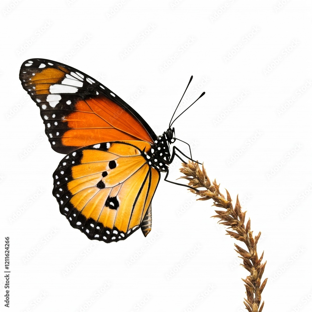 Fototapeta premium orange black and white butterfly on dried grass stem isolated on white background
