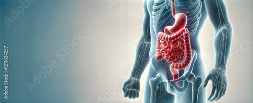 Human digestive system illustration showcasing the stomach, intestines, and related organs, focusing on gastrointestinal health, digestion, and diseases.