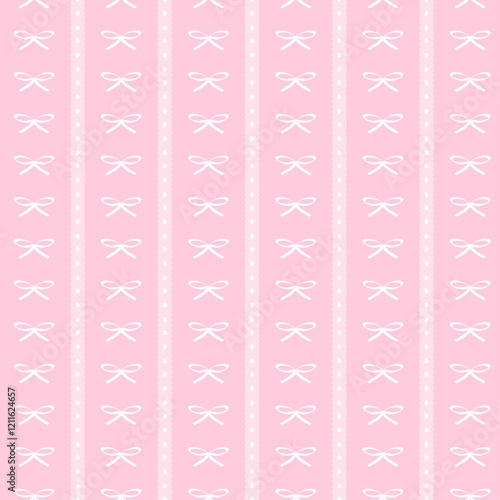 Cute pink coquette ribbon bow with heart lace seamless pattern.	