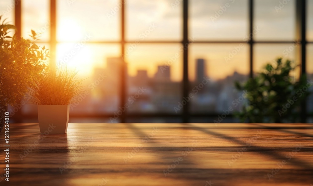 Fototapeta premium Sunset Cityscape View from Wooden Desk with Plants