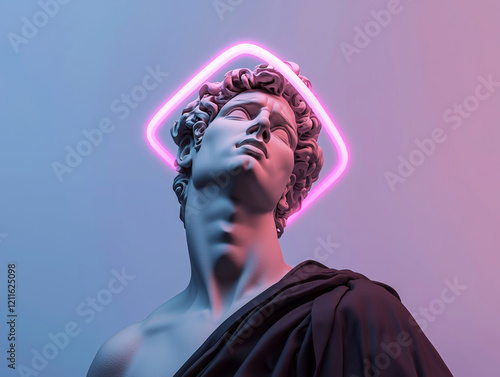 Classical sculpture of a male figure with a neon halo, blending ancient art with futuristic aesthetics photo