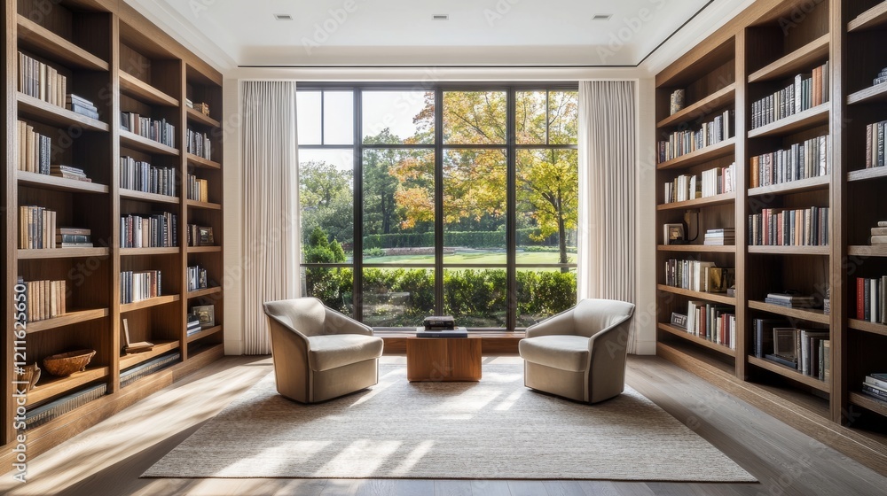 A sophisticated home library with custom built-in shelves, comfortable chairs, and breathtaking views, creating a tranquil and inspiring space for work or study A sophisticated home library with custom built-in shelves, comfortable chairs, and breathtaking views, creating a tranquil and inspiring space for work or study