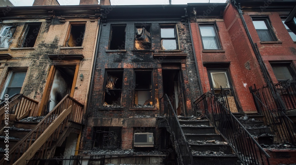 Aftermath of a Devastating Fire: Charred Row Houses in Urban Setting Aftermath of a Devastating Fire: Charred Row Houses in Urban Setting