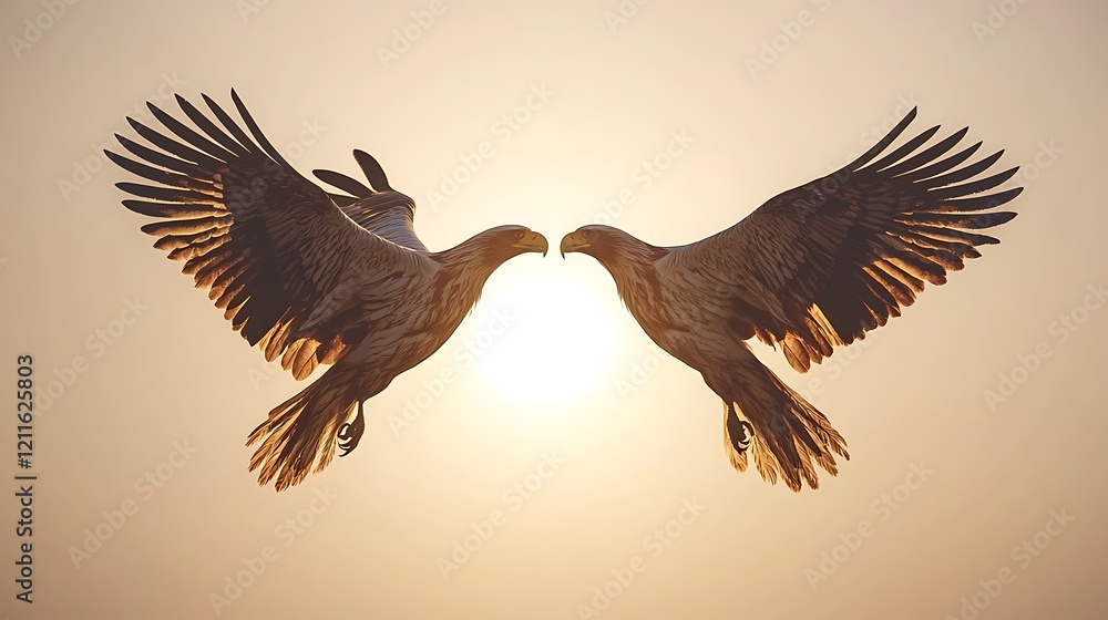 Fototapeta premium Two Eagles in Flight at Sunset A Majestic Encounter.