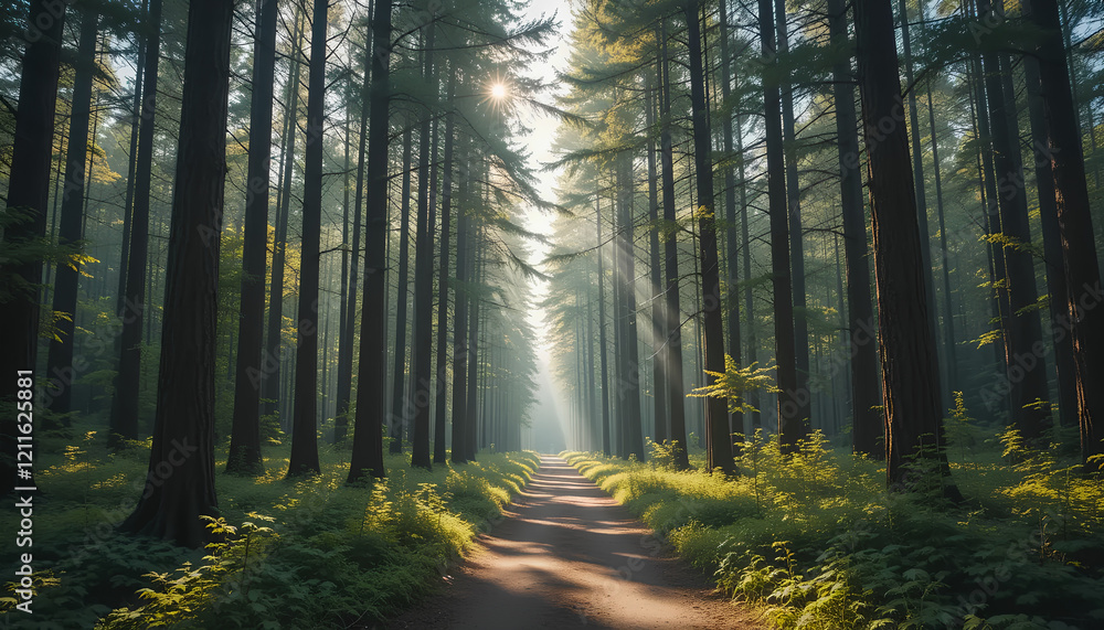 Obraz premium Sunlit Path Through Misty Forest: A Serene and Magical Woodland Scene