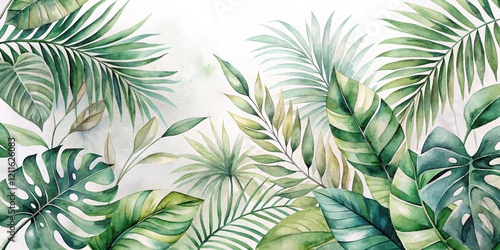 Wallpaper Mural Lush Greenery A Watercolor Depiction of Vibrant Tropical Foliage, Featuring an Array of Exotic Leaves in Shades of Green and Hints of Beige, Creating a Serene and Luxurious Natural Scene. Torontodigital.ca