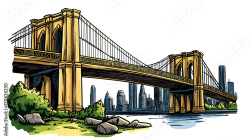 Brooklyn bridge in New York. Vector comic hand-drawn illustration of Brooklyn bridge