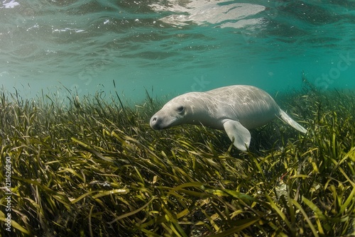 A dugong swimming gracefully in shallow turquoise waters off the coast of Queensland, surrounded by seagrass. photo