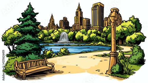 Central park in New York. Vector comic hand-drawn illustration of Central park