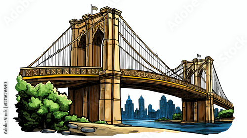 Brooklyn bridge in New York. Vector comic hand-drawn illustration of Brooklyn bridge