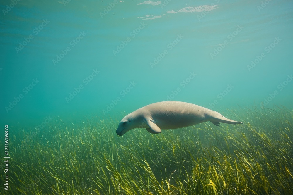 Obraz premium A dugong swimming gracefully in shallow turquoise waters off the coast of Queensland, surrounded by seagrass.