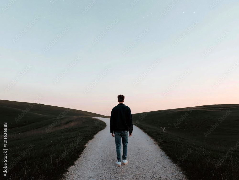 Back view of a man walking down a quiet countryside path under a pastel sky at dusk Back view of a man walking down a quiet countryside path under a pastel sky at dusk