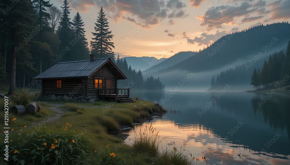 Fototapeta premium Cozy Lakeside Cabin at Twilight: A Serene Escape in Nature's Embrace