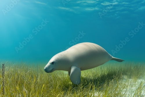 A dugong swimming gracefully in shallow turquoise waters off the coast of Queensland, surrounded by seagrass. photo