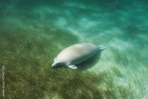 A dugong swimming gracefully in shallow turquoise waters off the coast of Queensland, surrounded by seagrass. photo