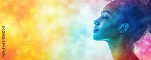 Sponge watercolor concept. A profile of a woman surrounded by colorful hues symbolizing peace and tranquility.