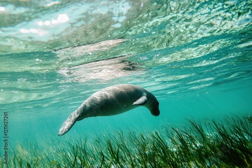 A dugong swimming gracefully in shallow turquoise waters off the coast of Queensland, surrounded by seagrass. photo