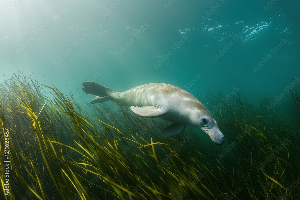 Obraz premium A dugong swimming gracefully in shallow turquoise waters off the coast of Queensland, surrounded by seagrass.