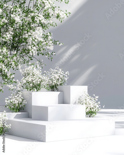 Serene White Floral Display on Minimalist Geometric Stairs