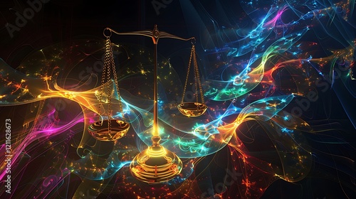 Golden Scales of Justice Amidst Vibrant Cosmic Energy photo