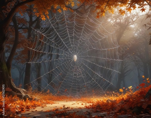 Colorful illustration of a giant spider web covered in glowing spiders and autumn leaves , glowing spiders, Halloween decorations photo