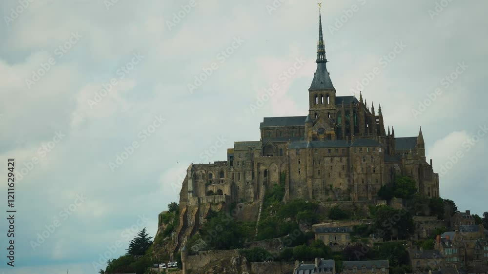 Still camera recording Mont Saint-Michel on a cloudy day, Manche, France. Still camera recording Mont Saint-Michel on a cloudy day, Manche, France.