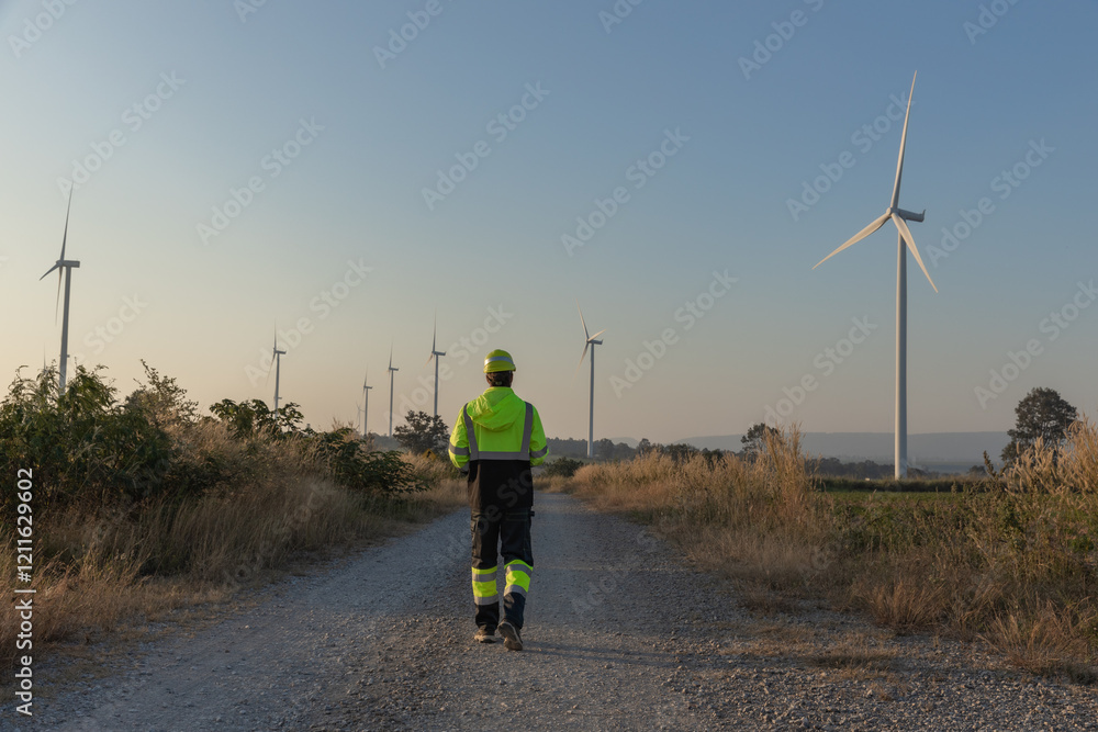 Obraz premium Survey Team Alternative energy for future. Engineers survey and checking wind turbines in sunset. Wind Turbine Renewable energy technology and sustainability.