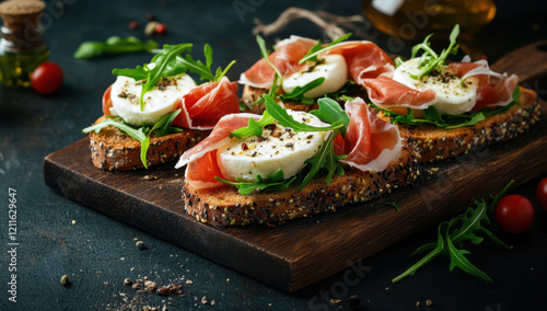 A beautifully crafted bruschetta featuring crusty seeded bread topped with creamy mozzarella, delicate prosciutto, and fresh arugula. The dish is sprinkled with black pepper 