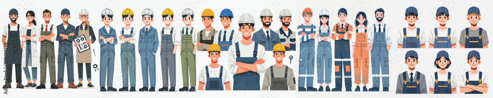 vector set of factory worker characters vector set of factory worker characters