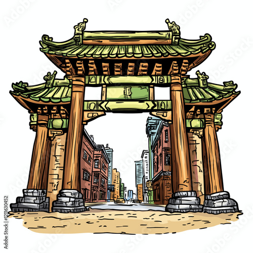 Vector comic hand-drawn illustration of Chinatown gate. Chinatown gate in New York