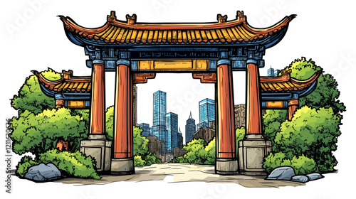 Vector comic hand-drawn illustration of Chinatown gate. Chinatown gate in New York