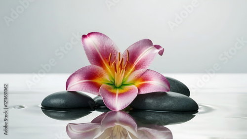 spa still life with black zen stones and blooming lily flower in the water isolated on white background with copy space, wellness template
