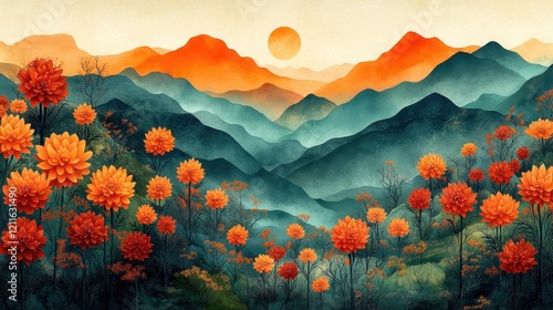 Vibrant orange floral landscape with sunrise over misty mountains
