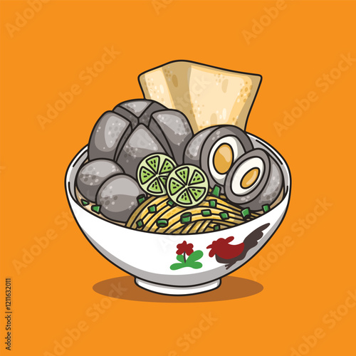 Delicious and warm meatball soup with noodles, and dumplings