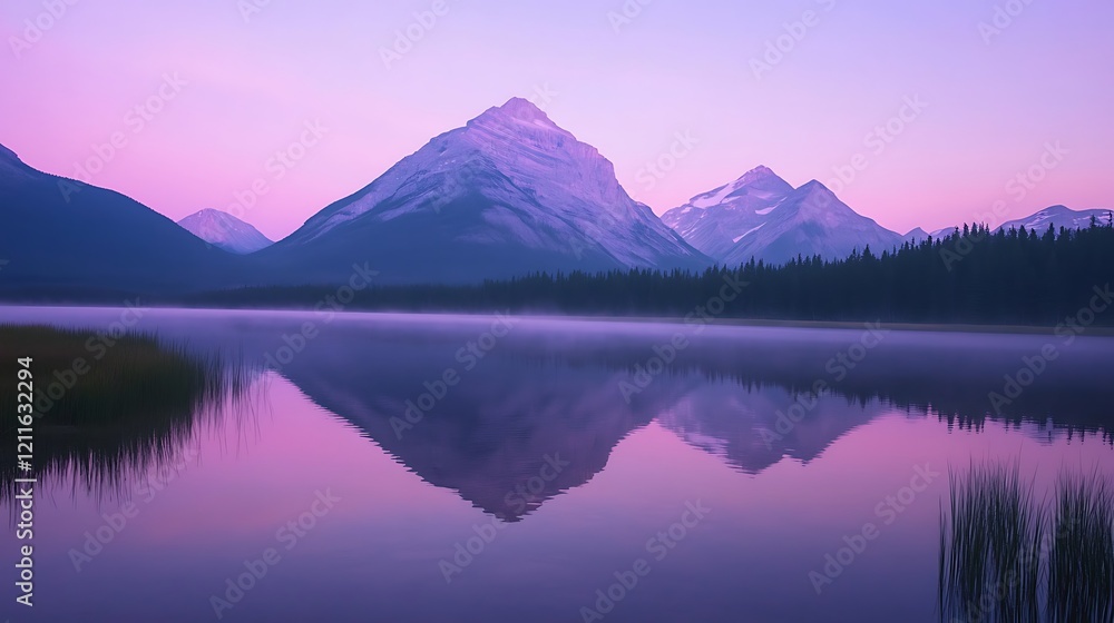 Serene Sunrise Reflection: Majestic Mountains mirrored in a tranquil lake at dawn.