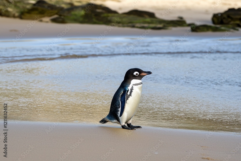 Fototapeta premium A fairy penguin waddling across a sandy beach at Phillip Island, returning from a day of fishing in the ocean