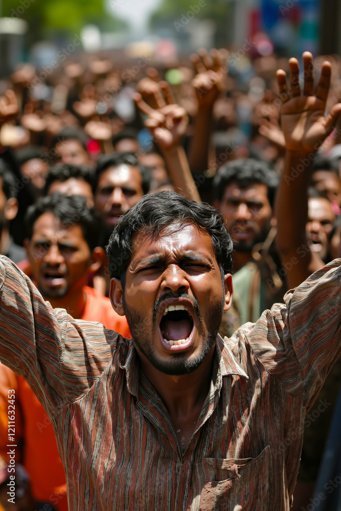 A man shouting in front of a crowd of people A man shouting in front of a crowd of people