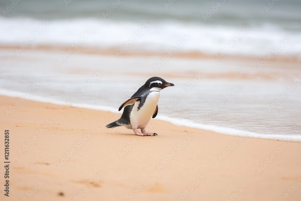 A fairy penguin waddling across a sandy beach at Phillip Island, returning from a day of fishing in the ocean A fairy penguin waddling across a sandy beach at Phillip Island, returning from a day of fishing in the ocean