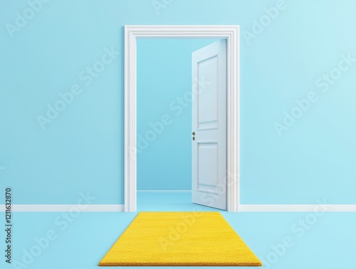 Open white door in a light blue room with a yellow rug. photo